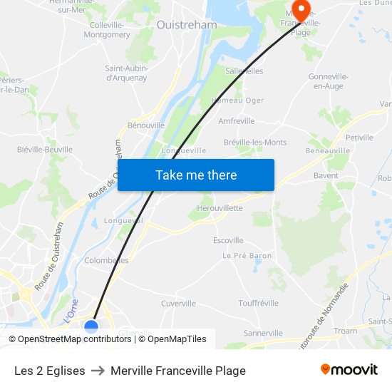 Les 2 Eglises to Merville Franceville Plage map