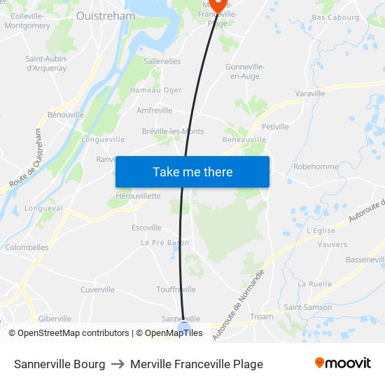 Sannerville Bourg to Merville Franceville Plage map