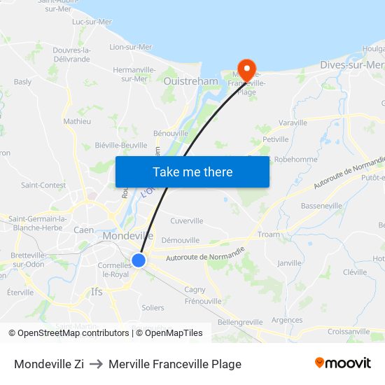 Mondeville Zi to Merville Franceville Plage map