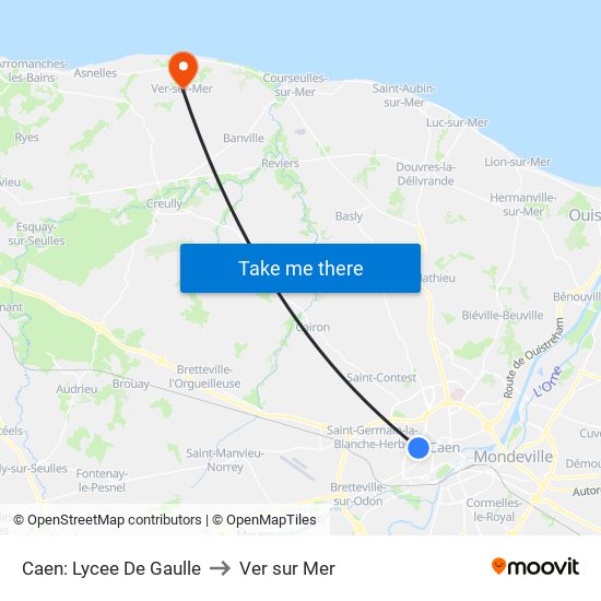 Caen: Lycee De Gaulle to Ver sur Mer map