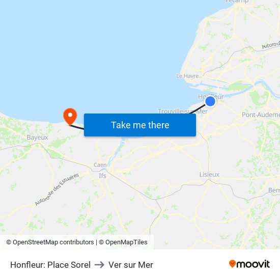 Honfleur: Place Sorel to Ver sur Mer map