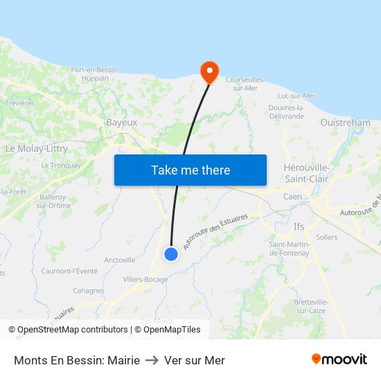 Monts En Bessin: Mairie to Ver sur Mer map