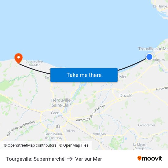 Tourgeville: Supermarché to Ver sur Mer map