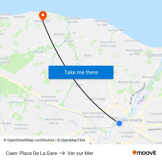 Caen: Place De La Gare to Ver sur Mer map