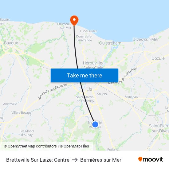 Bretteville Sur Laize: Centre to Bernières sur Mer map