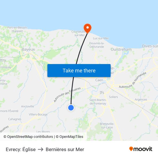 Evrecy: Église to Bernières sur Mer map