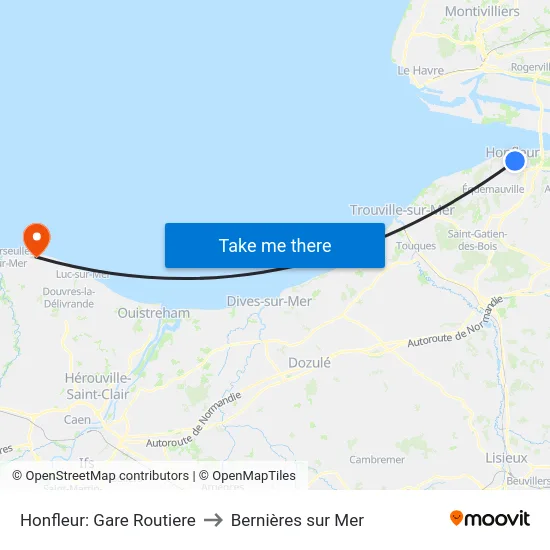Honfleur: Gare Routiere to Bernières sur Mer map