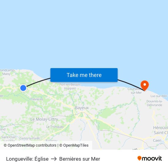 Longueville: Église to Bernières sur Mer map