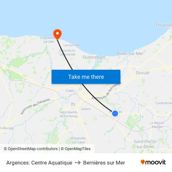 Argences: Centre Aquatique to Bernières sur Mer map