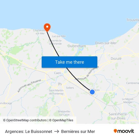 Argences: Le Buissonnet to Bernières sur Mer map