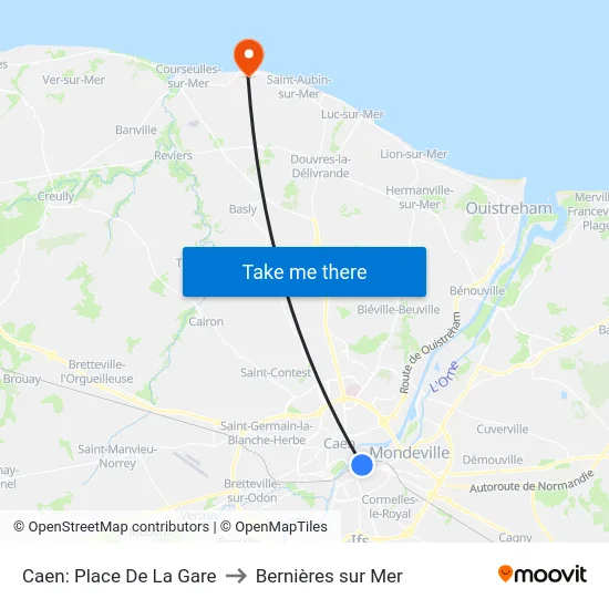 Caen: Place De La Gare to Bernières sur Mer map
