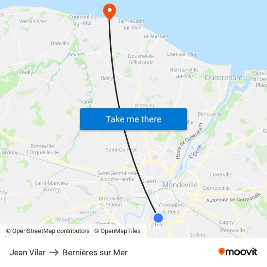 Jean Vilar to Bernières sur Mer map