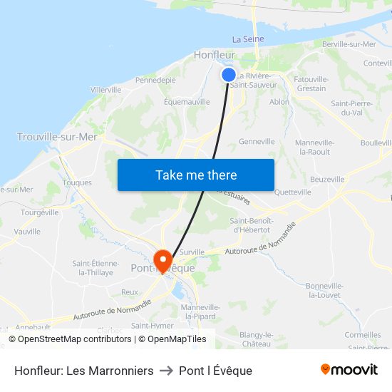 Honfleur: Les Marronniers to Pont l Évêque map