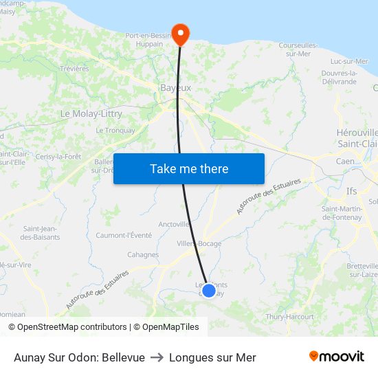 Aunay Sur Odon: Bellevue to Longues sur Mer map