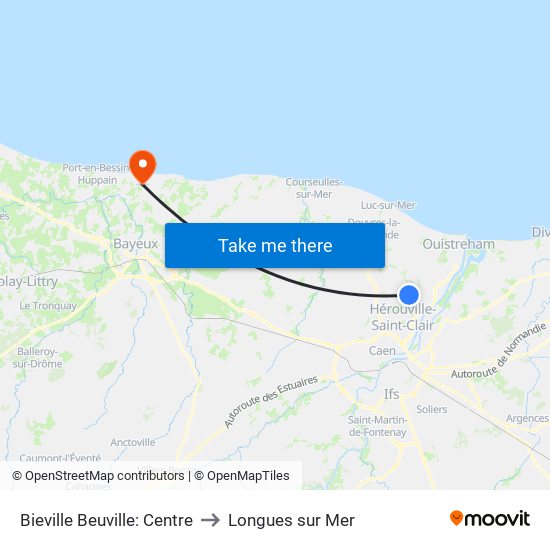 Bieville Beuville: Centre to Longues sur Mer map