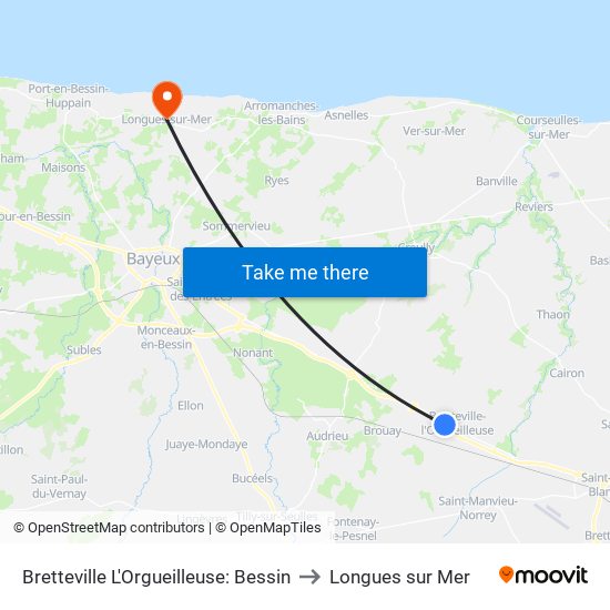 Bretteville L'Orgueilleuse: Bessin to Longues sur Mer map