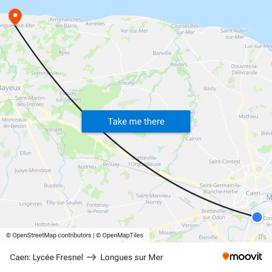 Caen: Lycée Fresnel to Longues sur Mer map