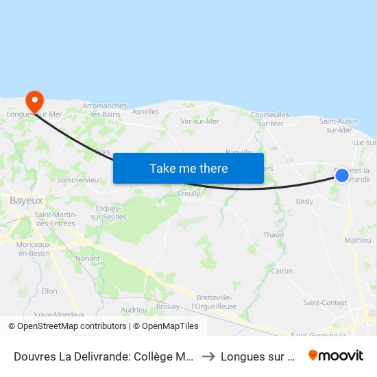 Douvres La Delivrande: Collège Marot to Longues sur Mer map