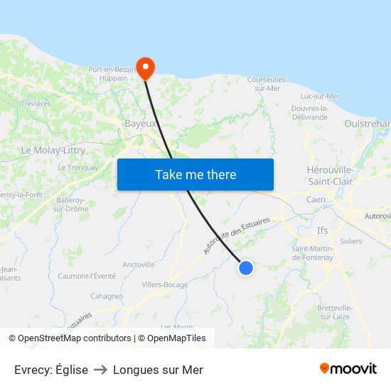 Evrecy: Église to Longues sur Mer map