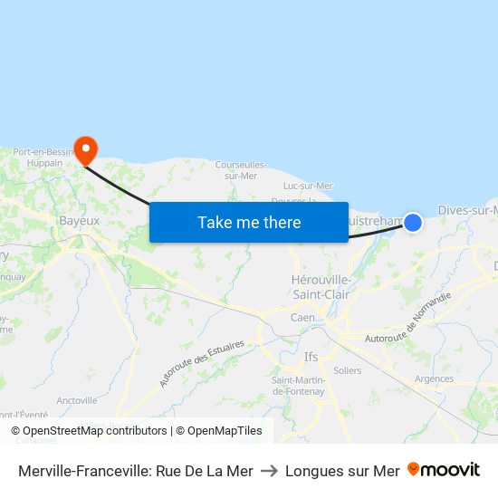 Merville-Franceville: Rue De La Mer to Longues sur Mer map