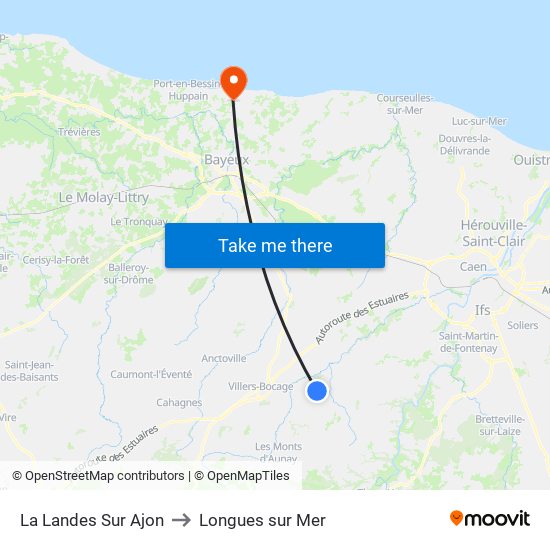 La Landes Sur Ajon to Longues sur Mer map