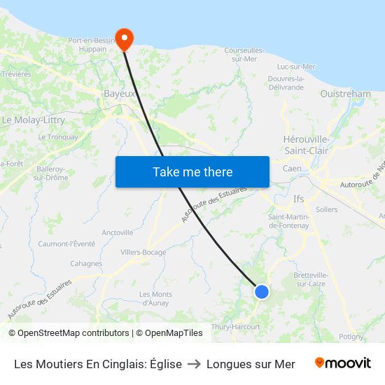 Les Moutiers En Cinglais: Église to Longues sur Mer map