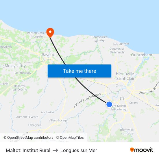 Maltot: Institut Rural to Longues sur Mer map