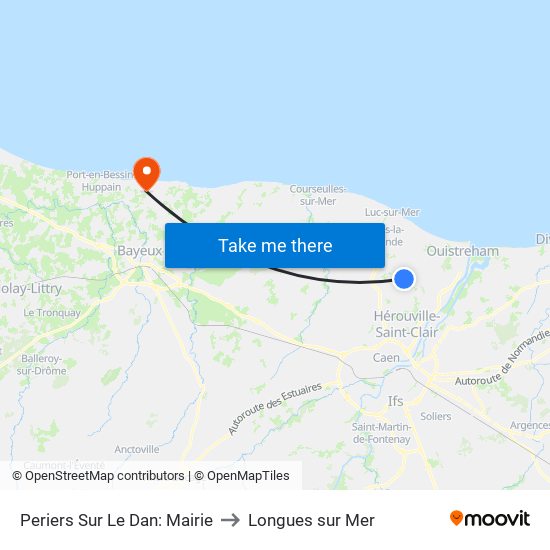 Periers Sur Le Dan: Mairie to Longues sur Mer map