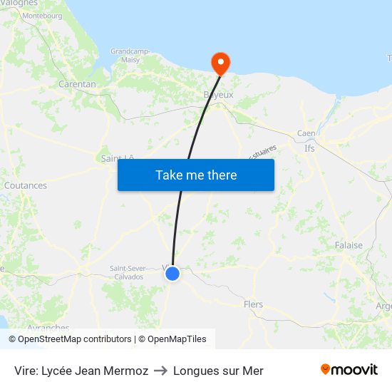 Vire: Lycée Jean Mermoz to Longues sur Mer map