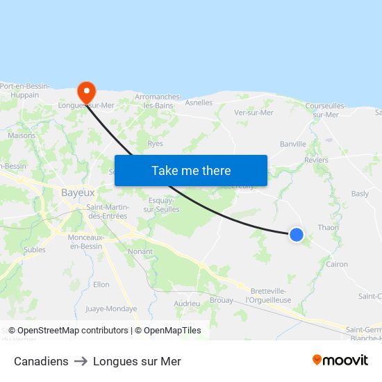 Canadiens to Longues sur Mer map