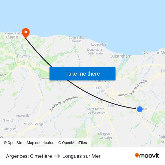 Argences: Cimetière to Longues sur Mer map