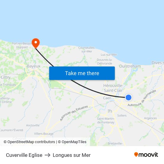 Cuverville Eglise to Longues sur Mer map