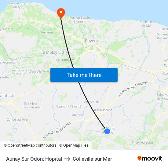 Aunay Sur Odon: Hopital to Colleville sur Mer map