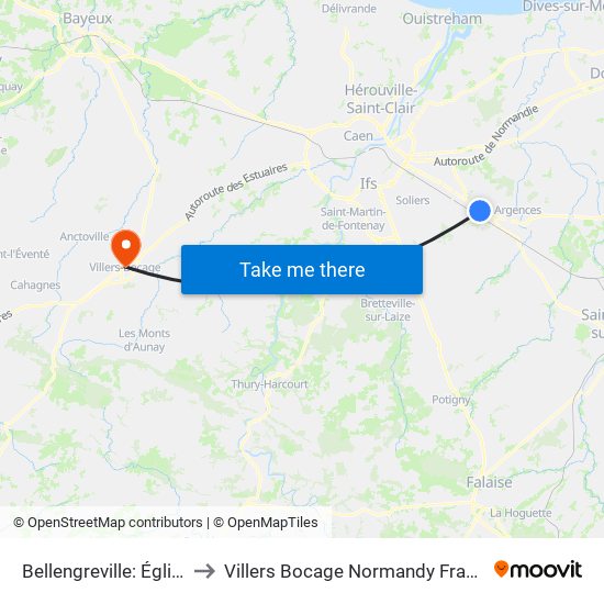 Bellengreville: Église to Villers Bocage Normandy France map