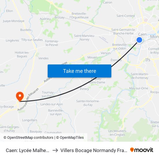 Caen: Lycée Malherbe to Villers Bocage Normandy France map