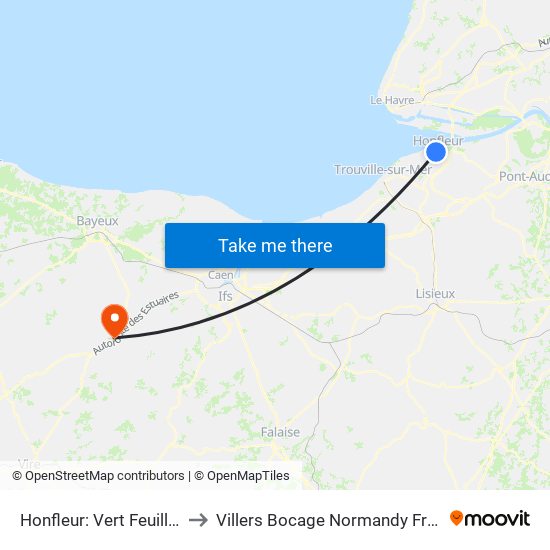 Honfleur: Vert Feuillage to Villers Bocage Normandy France map