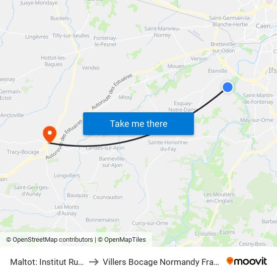 Maltot: Institut Rural to Villers Bocage Normandy France map