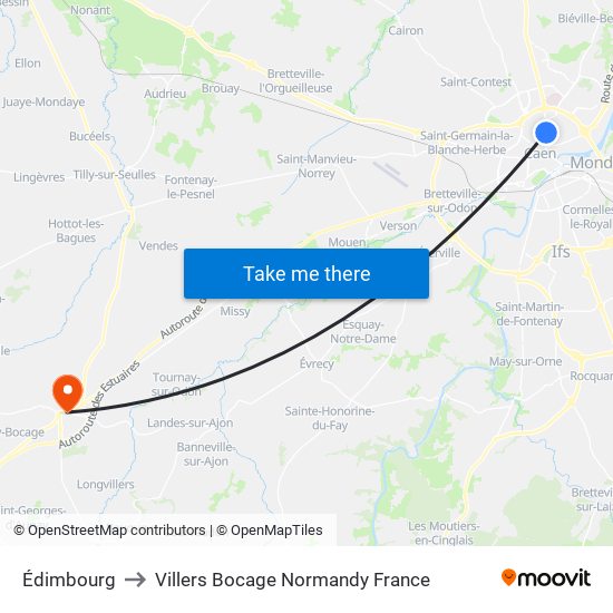 Édimbourg to Villers Bocage Normandy France map