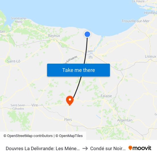 Douvres La Delivrande: Les Ménestrels to Condé sur Noireau map