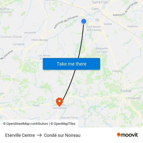 Eterville Centre to Condé sur Noireau map