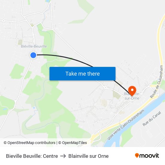 Bieville Beuville: Centre to Blainville sur Orne map
