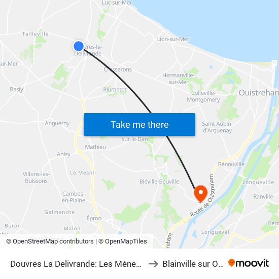 Douvres La Delivrande: Les Ménestrels to Blainville sur Orne map