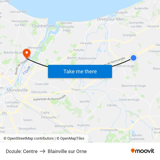 Dozule: Centre to Blainville sur Orne map