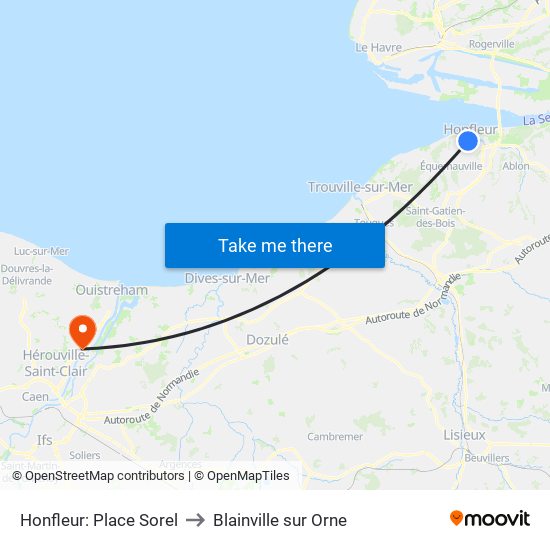 Honfleur: Place Sorel to Blainville sur Orne map