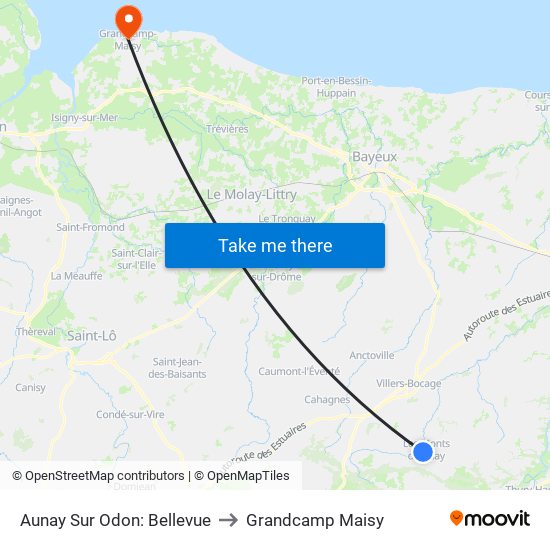 Aunay Sur Odon: Bellevue to Grandcamp Maisy map