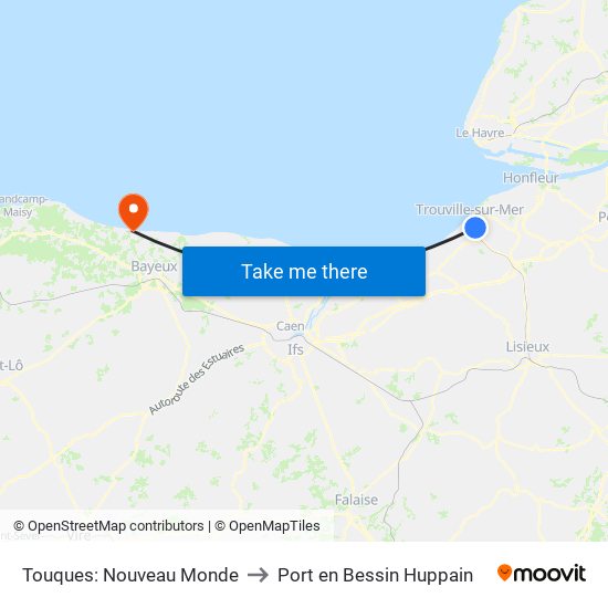 Touques: Nouveau Monde to Port en Bessin Huppain map