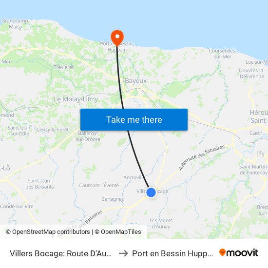 Villers Bocage: Route D'Aunay to Port en Bessin Huppain map