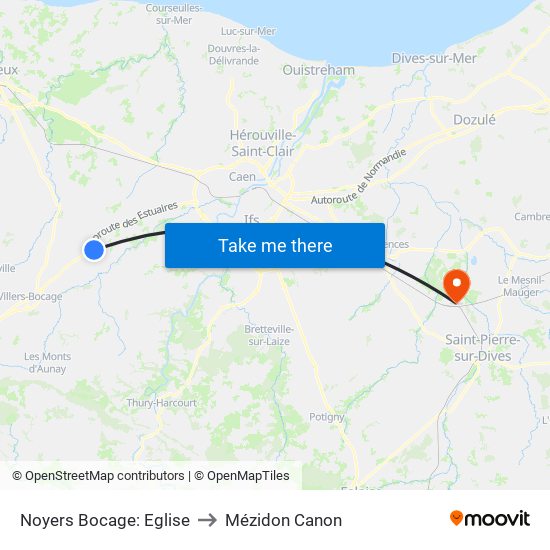 Noyers Bocage: Eglise to Mézidon Canon map