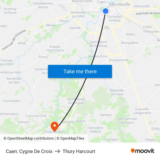 Caen: Cygne De Croix to Thury Harcourt map