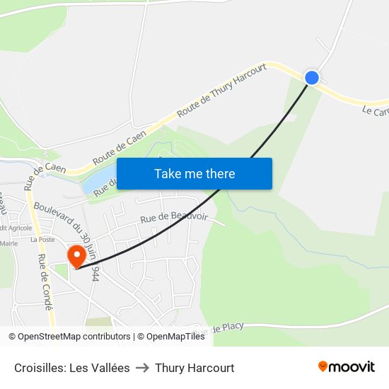 Croisilles: Les Vallées to Thury Harcourt map